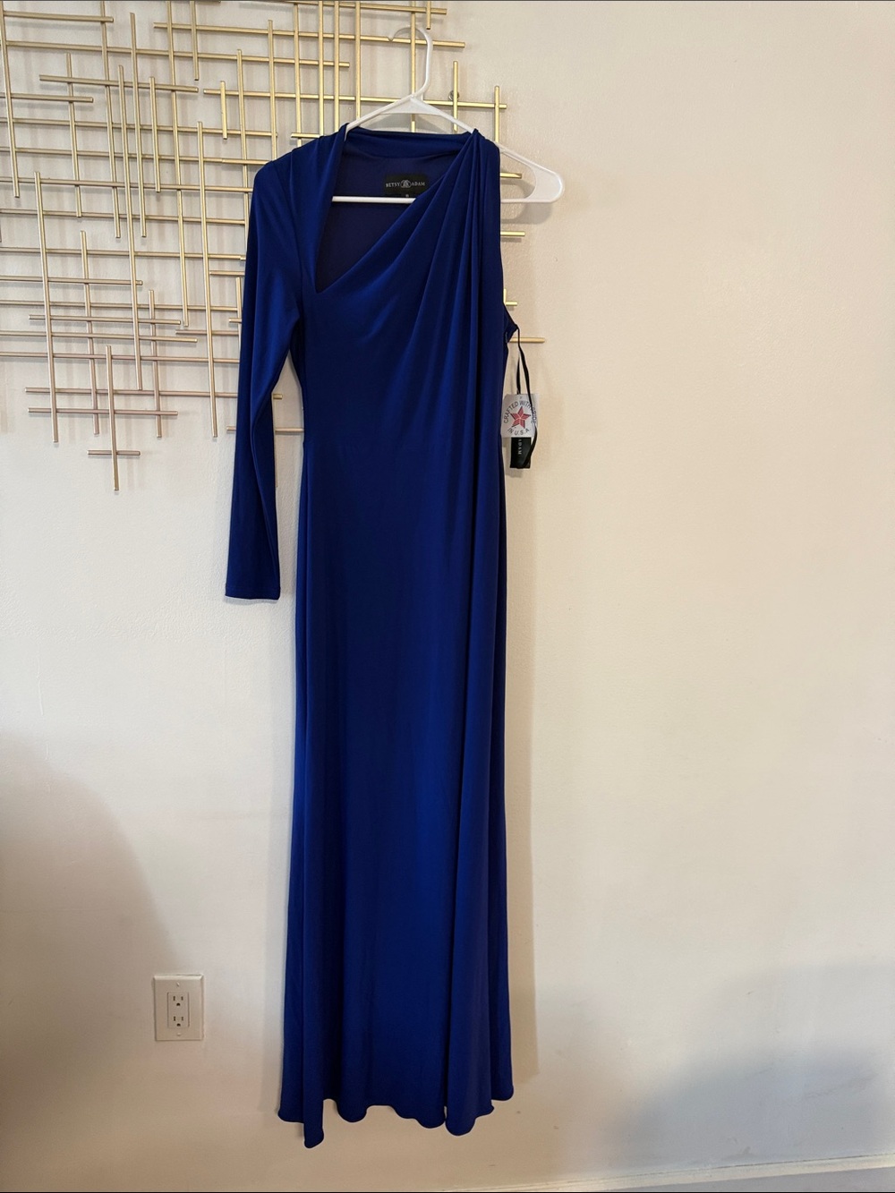 Betsy & Adam Cobalt Blue One-Long-Sleeve Evening Gown